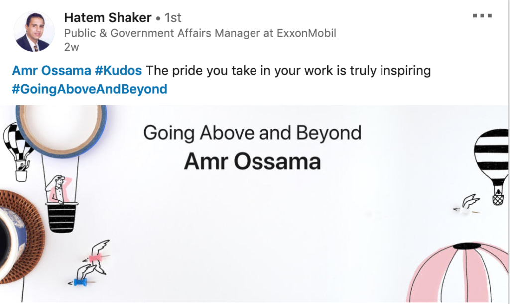Example of someone writing praise for a colleague on LinkedIn