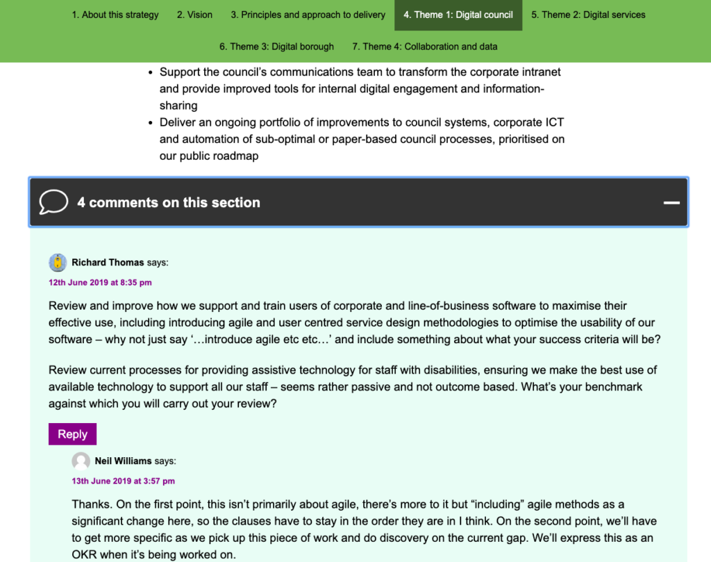 Screen shot of the 'digital council' theme of the draft digital strategy, and one of 4 comments, plus Neil Williams's reply.