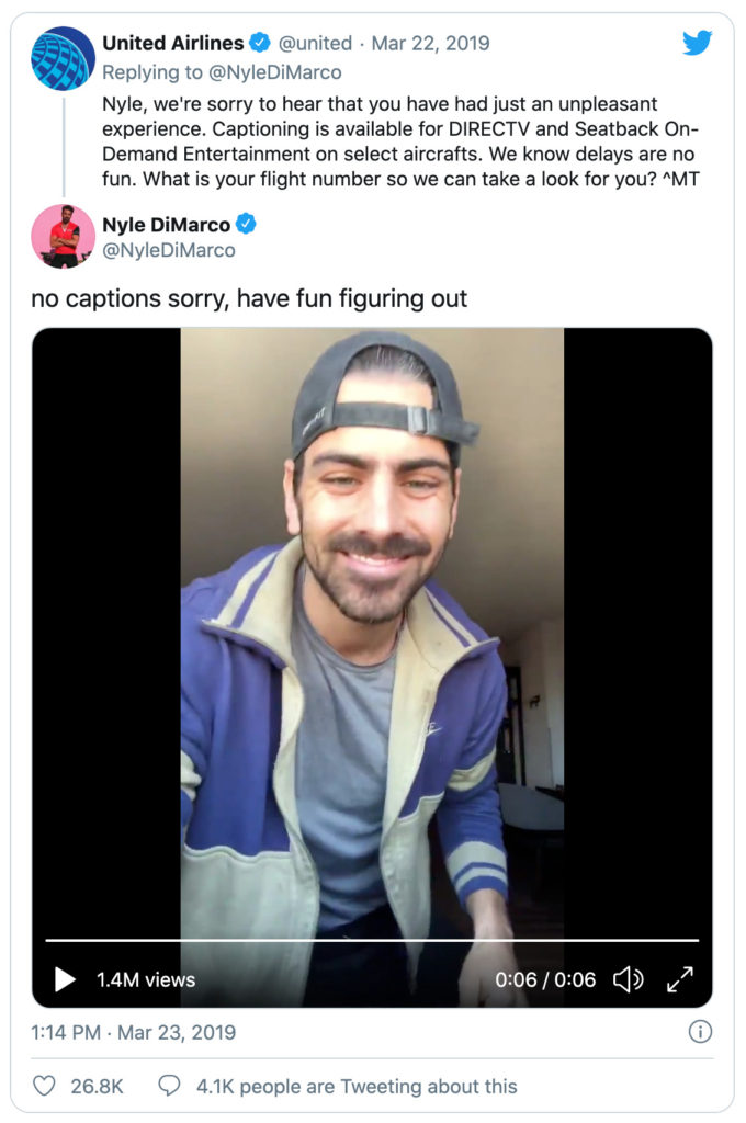 Tweet from NyleDiMarco to United Airlines highlighting problems with no captions on video