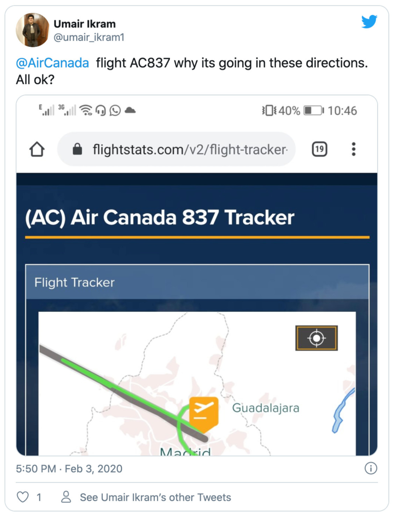 Tweet from umair_ikram1 querying AC837 flightpath