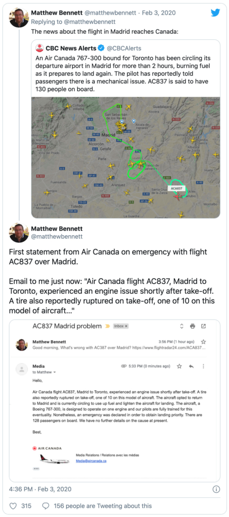 Tweet from matthewbennett showing an email response from Air Canada regarding flight AC837