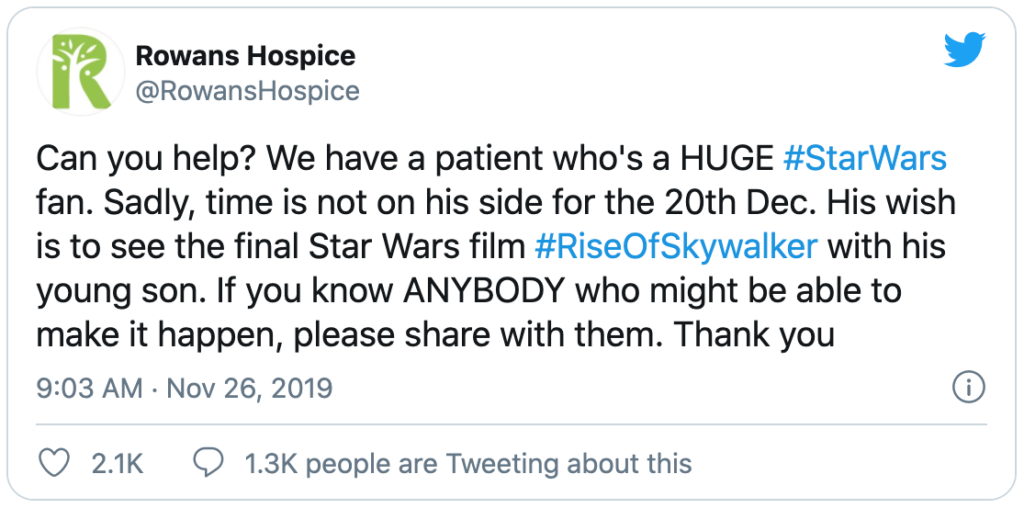 Tweet from RowansHospice seeking help for a patient