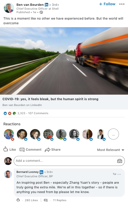 An screenshot of Ben van Beurden's latest article on LinkedIn titled: "COVID19: yes, it feels bleak, the the human spirit is strong