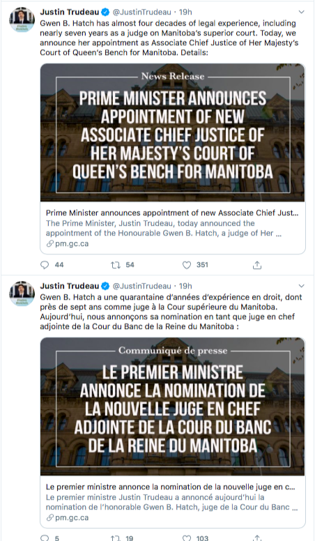 screenshot of Justin Trudeau's tweets one in French one in English