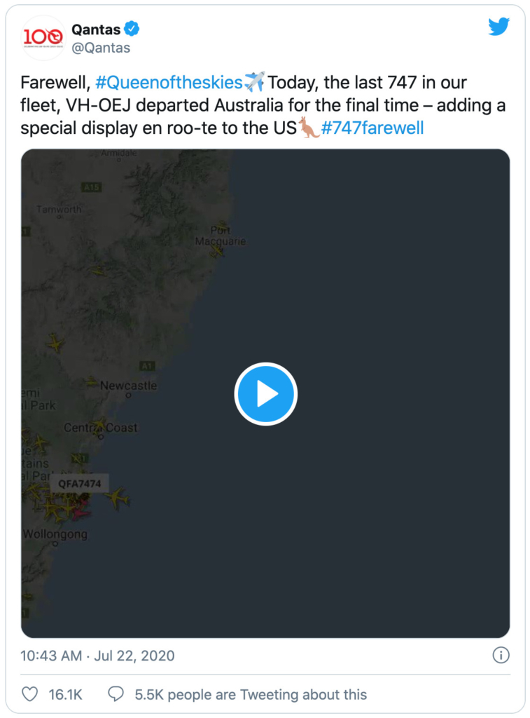 Tweet from Qantas about the last 747 flight