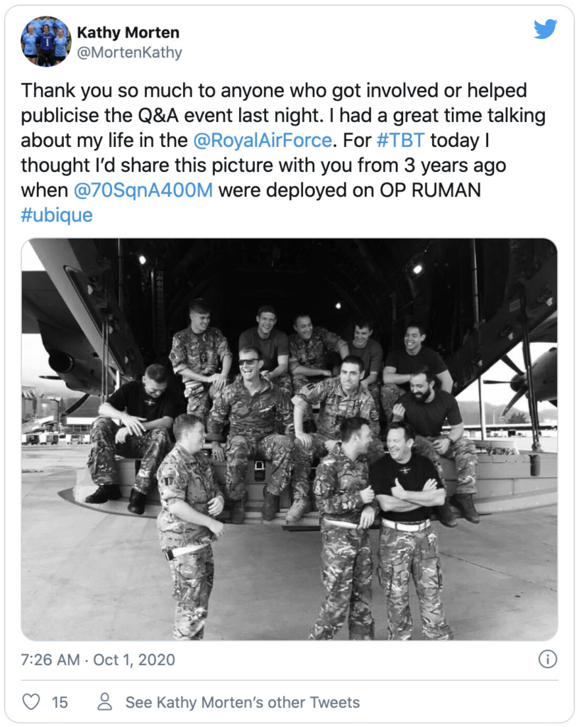 Tweet from one of the RAF 'StoryTellers' MortenKathy 