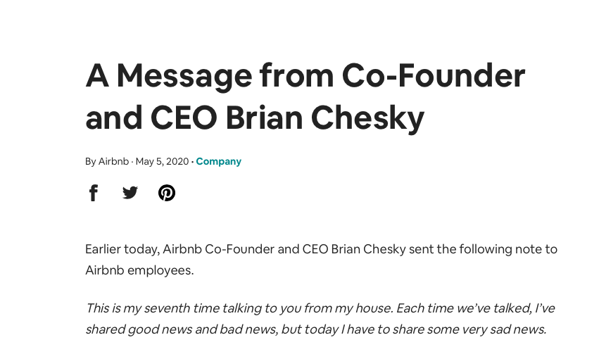 Screenshot of AirBNB redundancy announcement