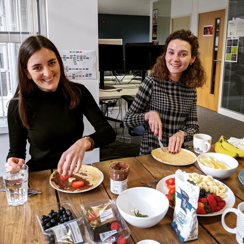 Julie and Kate making pancakes