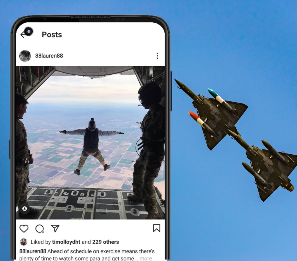 Two RAF planes in the sky, phone on the left showing Instagram account of Lauren Nineham